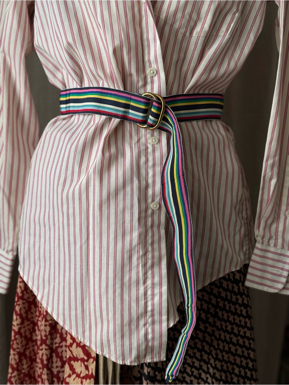 Vintage handmade preppy colorful striped woven grosgrain ribbon belt rainbow